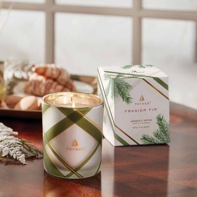 Thymes Frasier Fir Frosted Plaid Votive Candle Lit